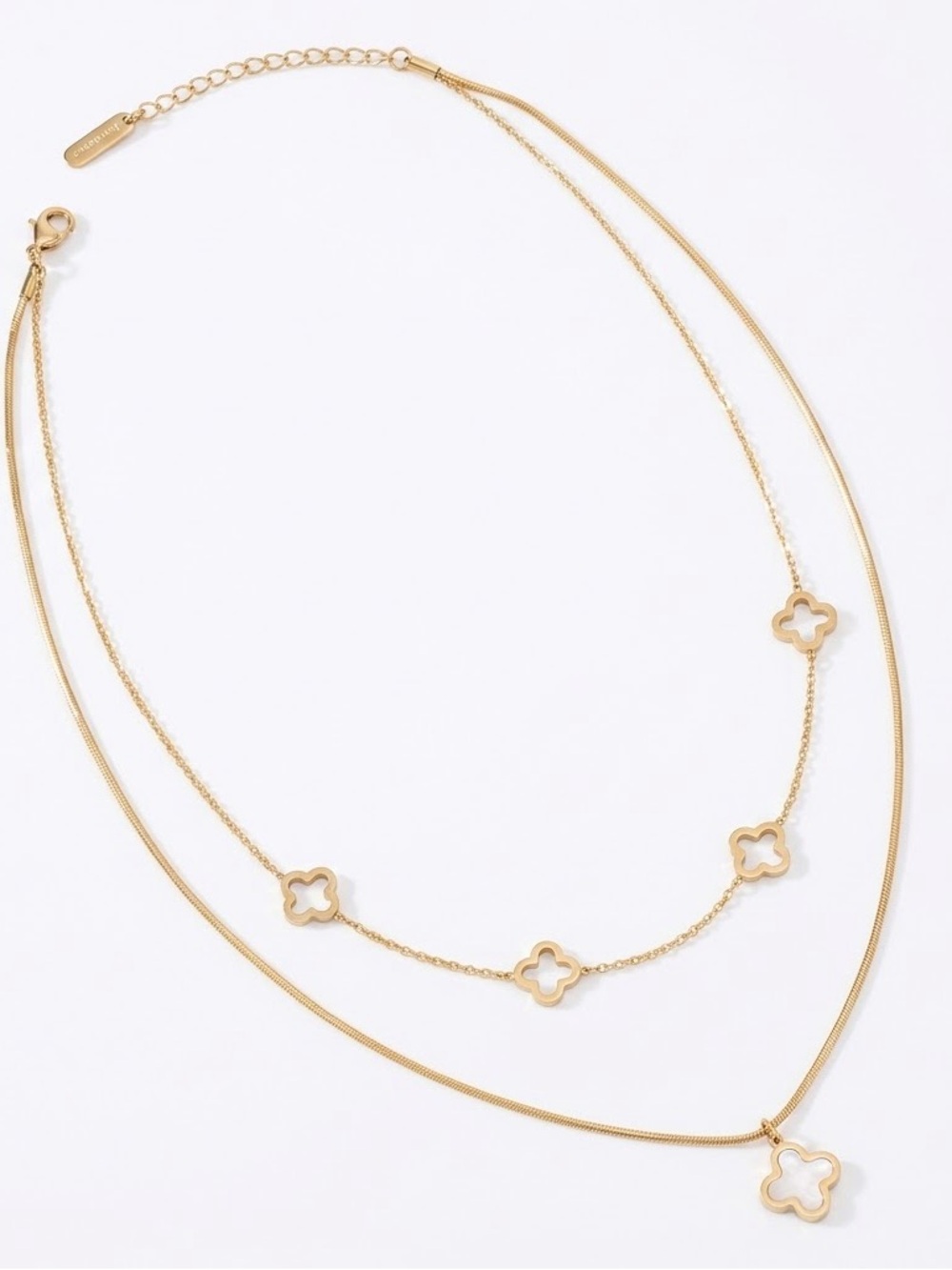 18k Gold Tone Double Layer Clover Charm Necklace waterproof stainless steel
